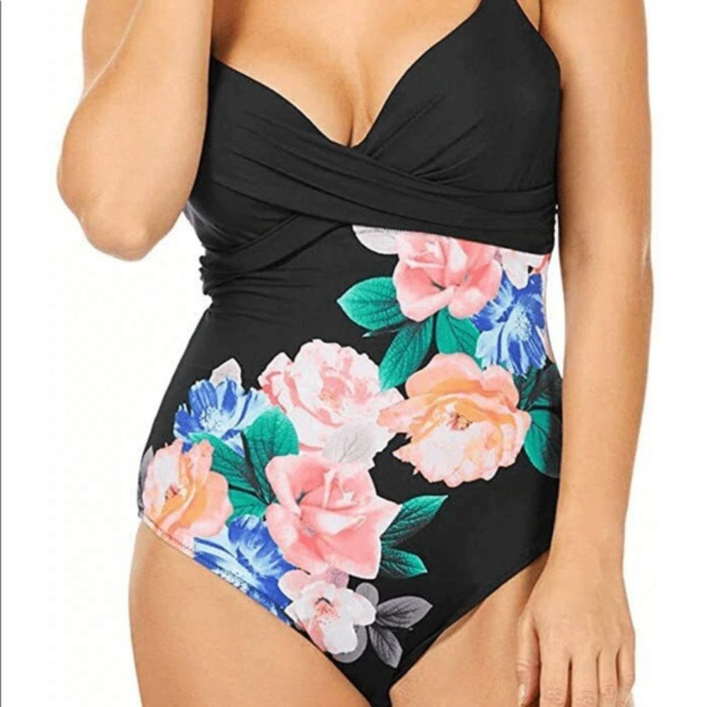 Leilani | NWT Black Floral Gemini Push-Up‎ Underwire One Piece Swimsuit Sz. 14